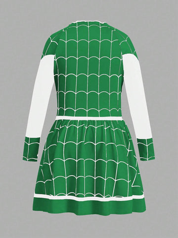 Streecool Kids Young Girl Spider Web Colorblock Print Long Sleeve Dress, Costume For Autumn/Winter