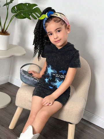 Young Girl' Street Fashion Basic Stylish European And American Hip Hop Portrait Pattern Hooded Pleated Short Sleeve Knit Dress