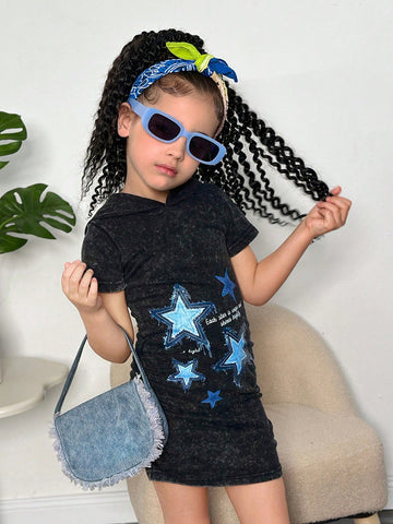 Young Girl' Street Fashion Basic Stylish European And American Hip Hop Portrait Pattern Hooded Pleated Short Sleeve Knit Dress