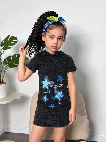 Young Girl' Street Fashion Basic Stylish European And American Hip Hop Portrait Pattern Hooded Pleated Short Sleeve Knit Dress