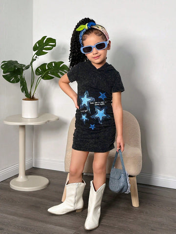 Young Girl' Street Fashion Basic Stylish European And American Hip Hop Portrait Pattern Hooded Pleated Short Sleeve Knit Dress