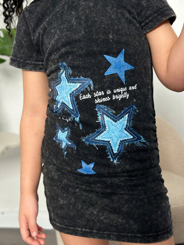 Young Girl' Street Fashion Basic Stylish European And American Hip Hop Portrait Pattern Hooded Pleated Short Sleeve Knit Dress