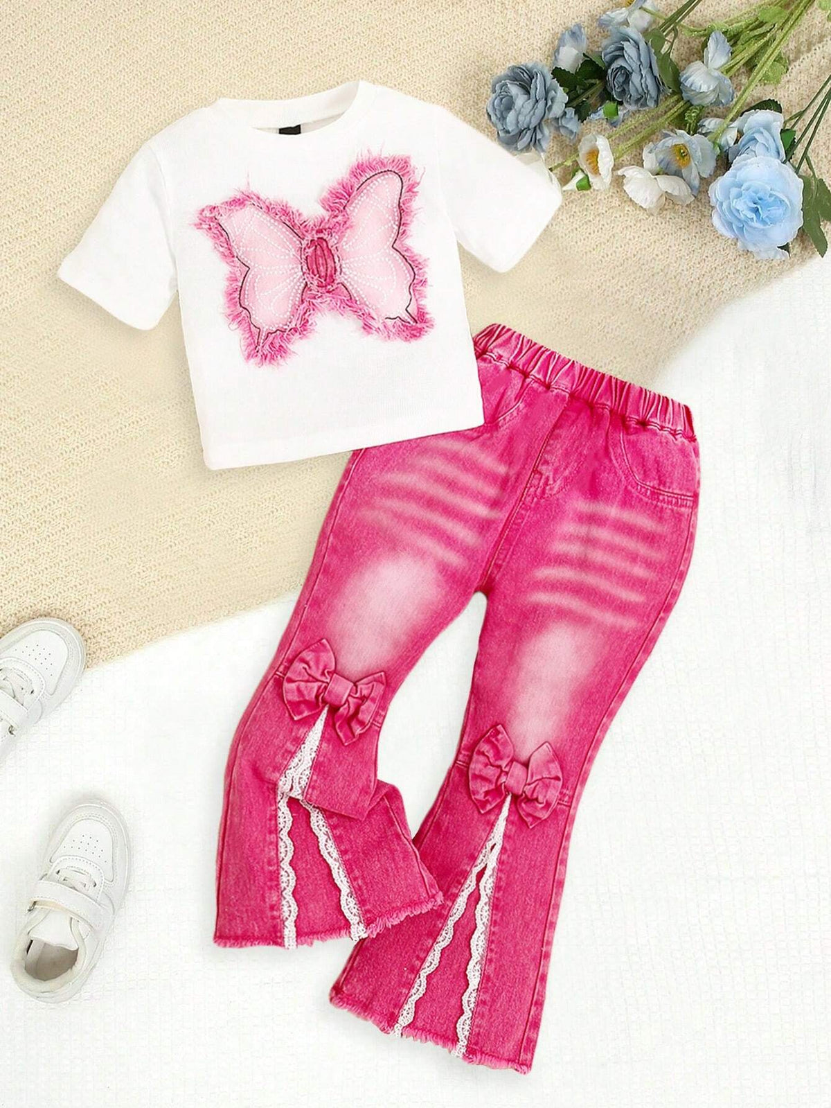 Streecool Kids Young Girls 2-Piece Set: Lace Flare Pants With Slit + Butterfly Print Distressed T-Shirt
