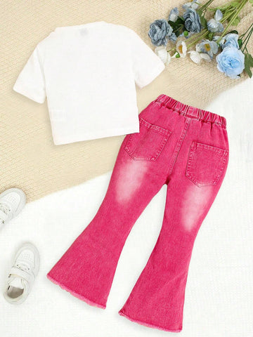 Streecool Kids Young Girls 2-Piece Set: Lace Flare Pants With Slit + Butterfly Print Distressed T-Shirt