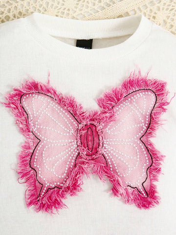 Streecool Kids Young Girls 2-Piece Set: Lace Flare Pants With Slit + Butterfly Print Distressed T-Shirt