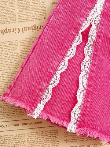 Streecool Kids Young Girls 2-Piece Set: Lace Flare Pants With Slit + Butterfly Print Distressed T-Shirt