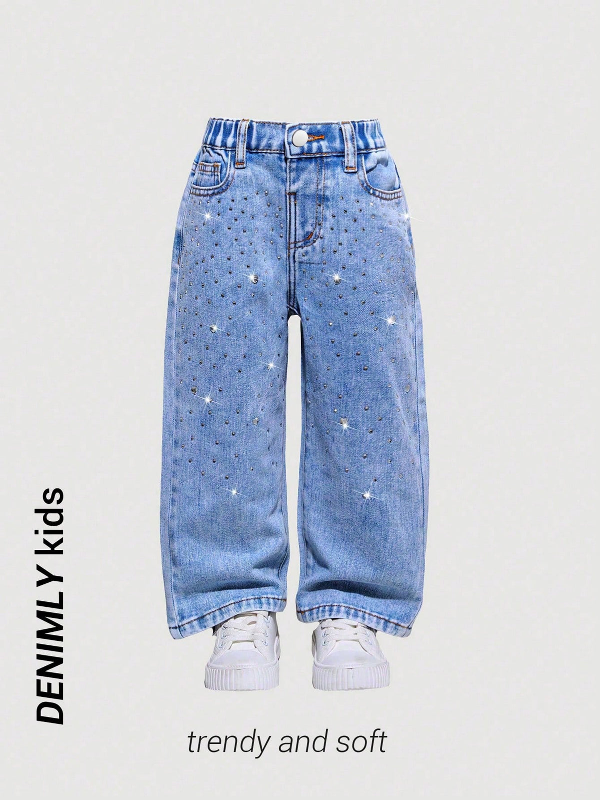 Streecool Kids Young Girls' Preppy Casual Chic Heart Crystal Decor Elastic Waist Straight Jeans, Girls' Essential Daily Fashion Outfit