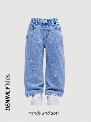 Streecool Kids Young Girls' Preppy Casual Chic Heart Crystal Decor Elastic Waist Straight Jeans, Girls' Essential Daily Fashion Outfit