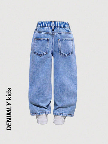 Streecool Kids Young Girls' Preppy Casual Chic Heart Crystal Decor Elastic Waist Straight Jeans, Girls' Essential Daily Fashion Outfit