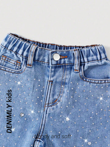 Streecool Kids Young Girls' Preppy Casual Chic Heart Crystal Decor Elastic Waist Straight Jeans, Girls' Essential Daily Fashion Outfit
