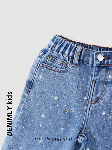 Streecool Kids Young Girls' Preppy Casual Chic Heart Crystal Decor Elastic Waist Straight Jeans, Girls' Essential Daily Fashion Outfit
