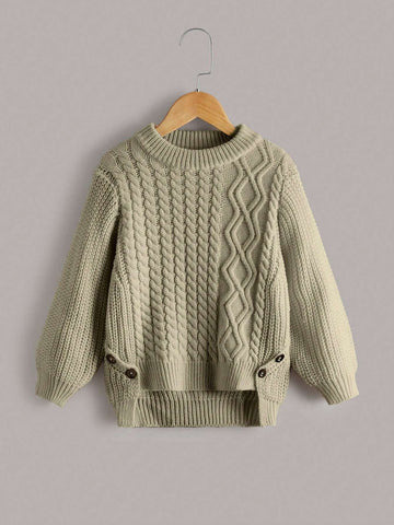 Streecool Kids Young Girls Sweater Three-Dimensional Twisted Rope, Braided, Asymmetrical Buttons, Casual And Versatile