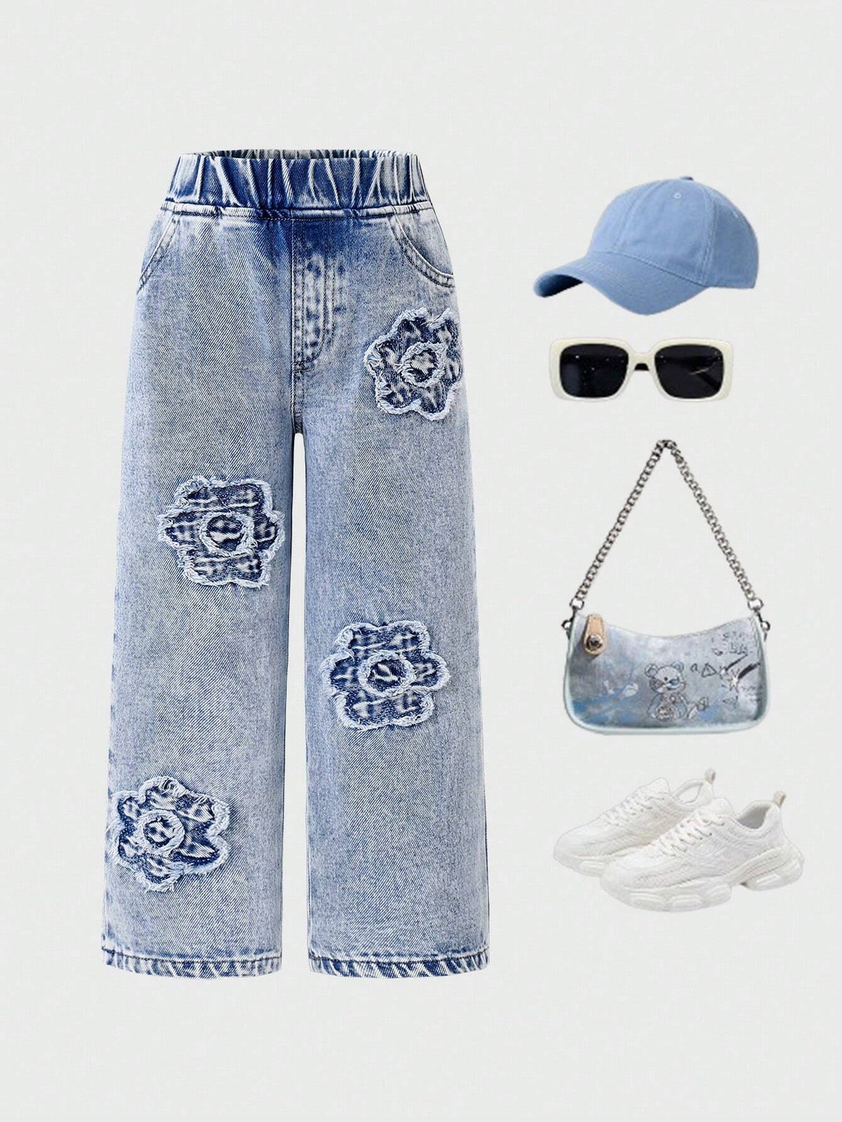 Streecool Kids Young Girls Y2K Style Creative Embroidered Roses Ripped Distressed Vintage Wash Fashion Versatile Loose Straight Fit Full Cotton Denim Jeans