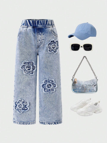 Streecool Kids Young Girls Y2K Style Creative Embroidered Roses Ripped Distressed Vintage Wash Fashion Versatile Loose Straight Fit Full Cotton Denim Jeans