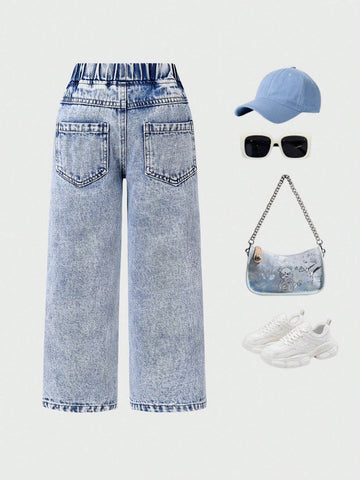 Streecool Kids Young Girls Y2K Style Creative Embroidered Roses Ripped Distressed Vintage Wash Fashion Versatile Loose Straight Fit Full Cotton Denim Jeans