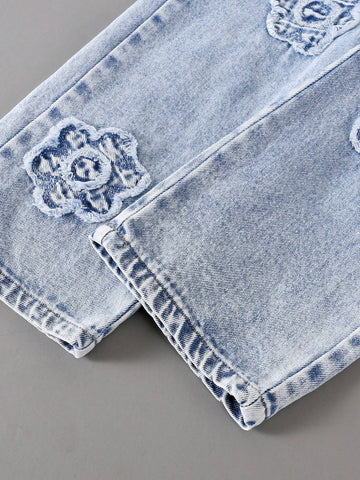 Streecool Kids Young Girls Y2K Style Creative Embroidered Roses Ripped Distressed Vintage Wash Fashion Versatile Loose Straight Fit Full Cotton Denim Jeans