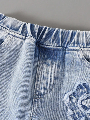 Streecool Kids Young Girls Y2K Style Creative Embroidered Roses Ripped Distressed Vintage Wash Fashion Versatile Loose Straight Fit Full Cotton Denim Jeans