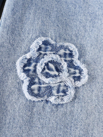 Streecool Kids Young Girls Y2K Style Creative Embroidered Roses Ripped Distressed Vintage Wash Fashion Versatile Loose Straight Fit Full Cotton Denim Jeans