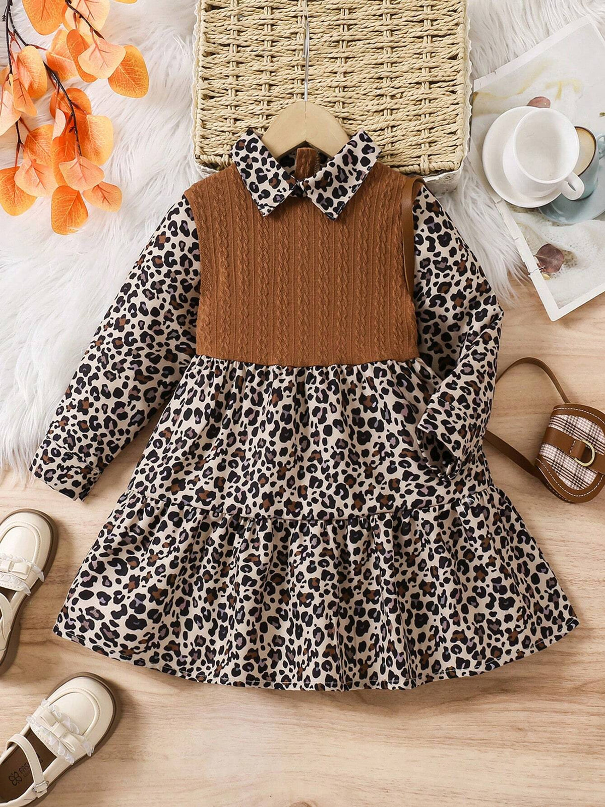 SHEIN Street Wear Women Back To School Classic Leopard Print Color Block Lapel Long Sleeve Split Hem Ruffle Hem Flared Skirt Dress