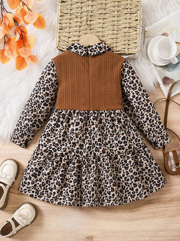SHEIN Street Wear Women Back To School Classic Leopard Print Color Block Lapel Long Sleeve Split Hem Ruffle Hem Flared Skirt Dress