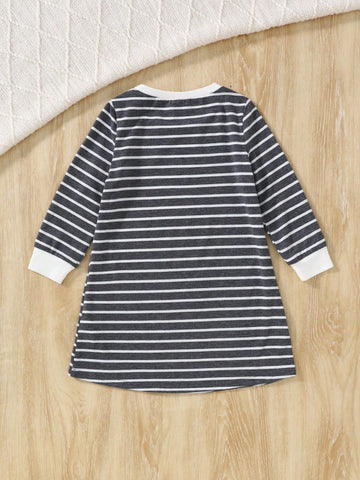 Striped Heart Pattern Round Neck Long Sleeve Casual Dress For Young Girls, Suitable For Daily Wear, Home & Outdoor