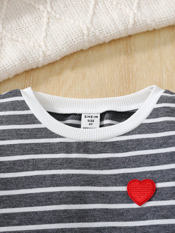 Striped Heart Pattern Round Neck Long Sleeve Casual Dress For Young Girls, Suitable For Daily Wear, Home & Outdoor