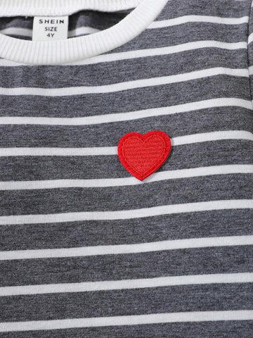 Striped Heart Pattern Round Neck Long Sleeve Casual Dress For Young Girls, Suitable For Daily Wear, Home & Outdoor