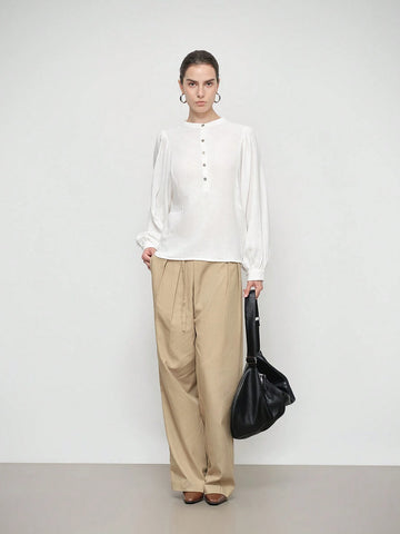 Stylify Plain Front Button Long Sleeve Simplistic Casual Top