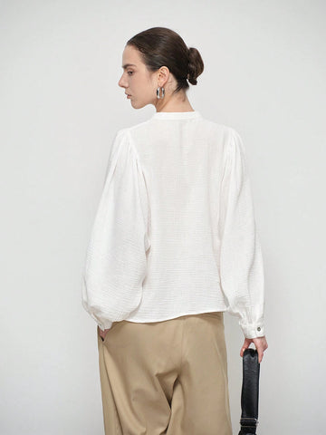 Stylify Plain Front Button Long Sleeve Simplistic Casual Top