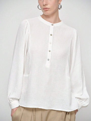 Stylify Plain Front Button Long Sleeve Simplistic Casual Top