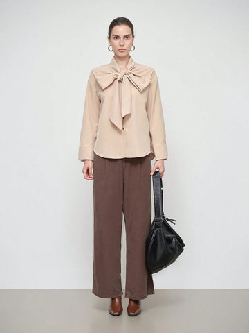 Stylify Women Fashion Elegant Long Sleeve Stand Collar Bowknot Tie Neck Solid Color Shirt