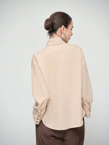 Stylify Women Fashion Elegant Long Sleeve Stand Collar Bowknot Tie Neck Solid Color Shirt