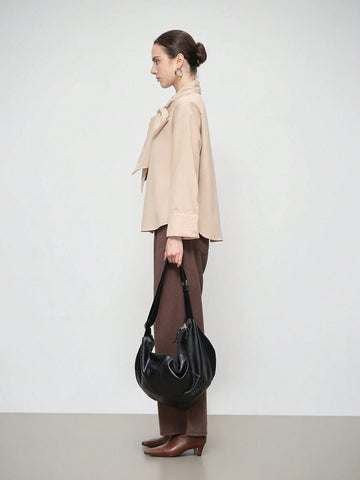 Stylify Women Fashion Elegant Long Sleeve Stand Collar Bowknot Tie Neck Solid Color Shirt