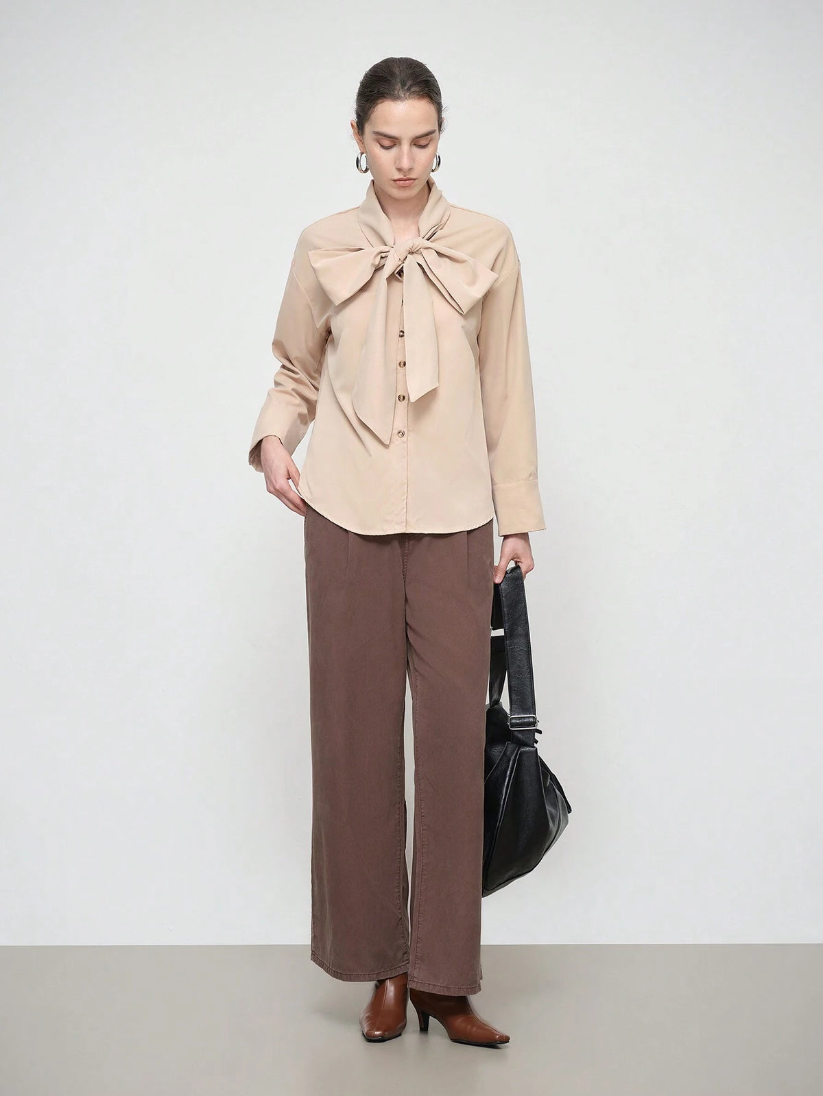 Stylify Women Fashion Elegant Long Sleeve Stand Collar Bowknot Tie Neck Solid Color Shirt