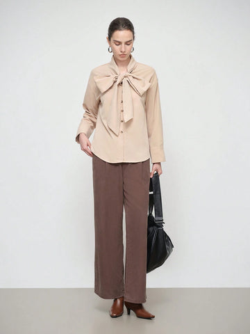 Stylify Women Fashion Elegant Long Sleeve Stand Collar Bowknot Tie Neck Solid Color Shirt