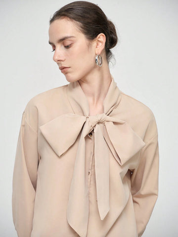 Stylify Women Fashion Elegant Long Sleeve Stand Collar Bowknot Tie Neck Solid Color Shirt