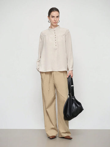 Stylify Women's Elegant Casual Comfy Commute Long Sleeve Stand Collar Partial Placket Loose Blouse