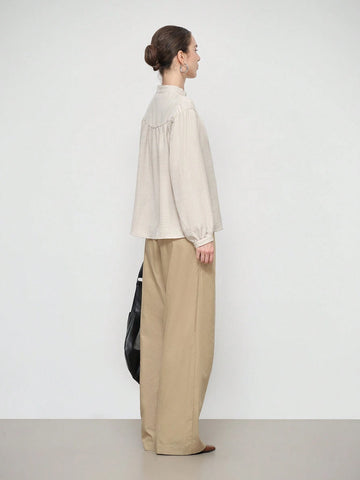 Stylify Women's Elegant Casual Comfy Commute Long Sleeve Stand Collar Partial Placket Loose Blouse