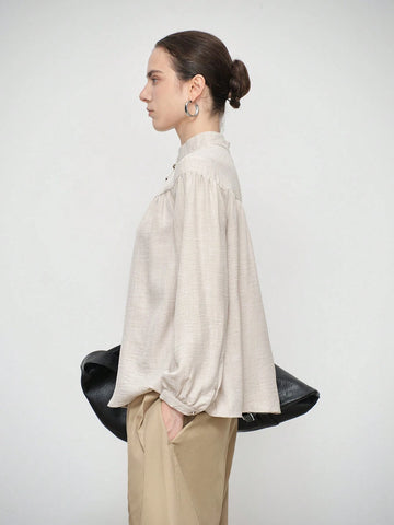 Stylify Women's Elegant Casual Comfy Commute Long Sleeve Stand Collar Partial Placket Loose Blouse