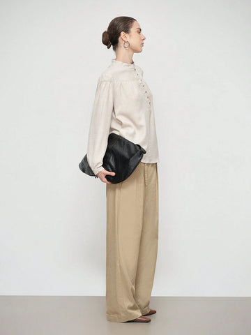 Stylify Women's Elegant Casual Comfy Commute Long Sleeve Stand Collar Partial Placket Loose Blouse