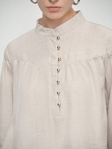 Stylify Women's Elegant Casual Comfy Commute Long Sleeve Stand Collar Partial Placket Loose Blouse