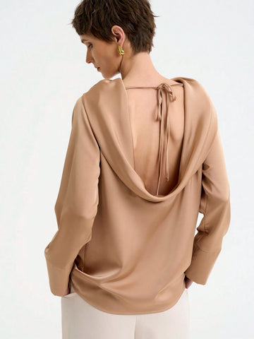 Women's Elegant Commuter Long Sleeve Back Open Draped Neck Solid Satin Texture Blouse