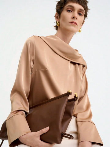 Women's Elegant Commuter Long Sleeve Back Open Draped Neck Solid Satin Texture Blouse