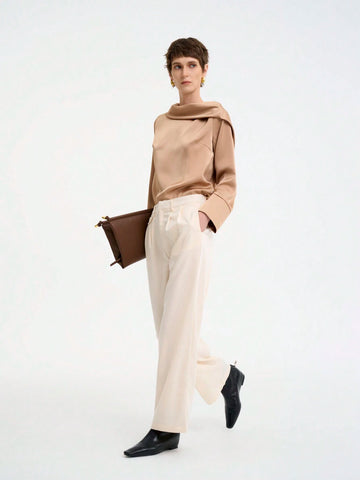 Women's Elegant Commuter Long Sleeve Back Open Draped Neck Solid Satin Texture Blouse