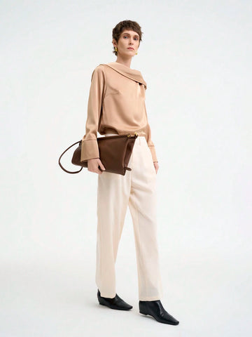 Women's Elegant Commuter Long Sleeve Back Open Draped Neck Solid Satin Texture Blouse