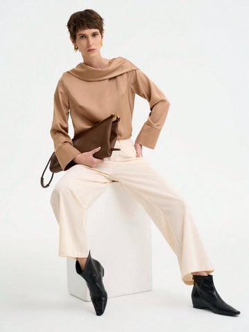 Women's Elegant Commuter Long Sleeve Back Open Draped Neck Solid Satin Texture Blouse