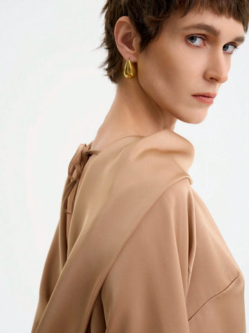 Women's Elegant Commuter Long Sleeve Back Open Draped Neck Solid Satin Texture Blouse