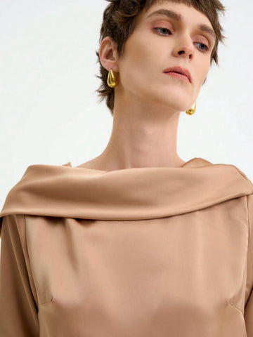 Women's Elegant Commuter Long Sleeve Back Open Draped Neck Solid Satin Texture Blouse