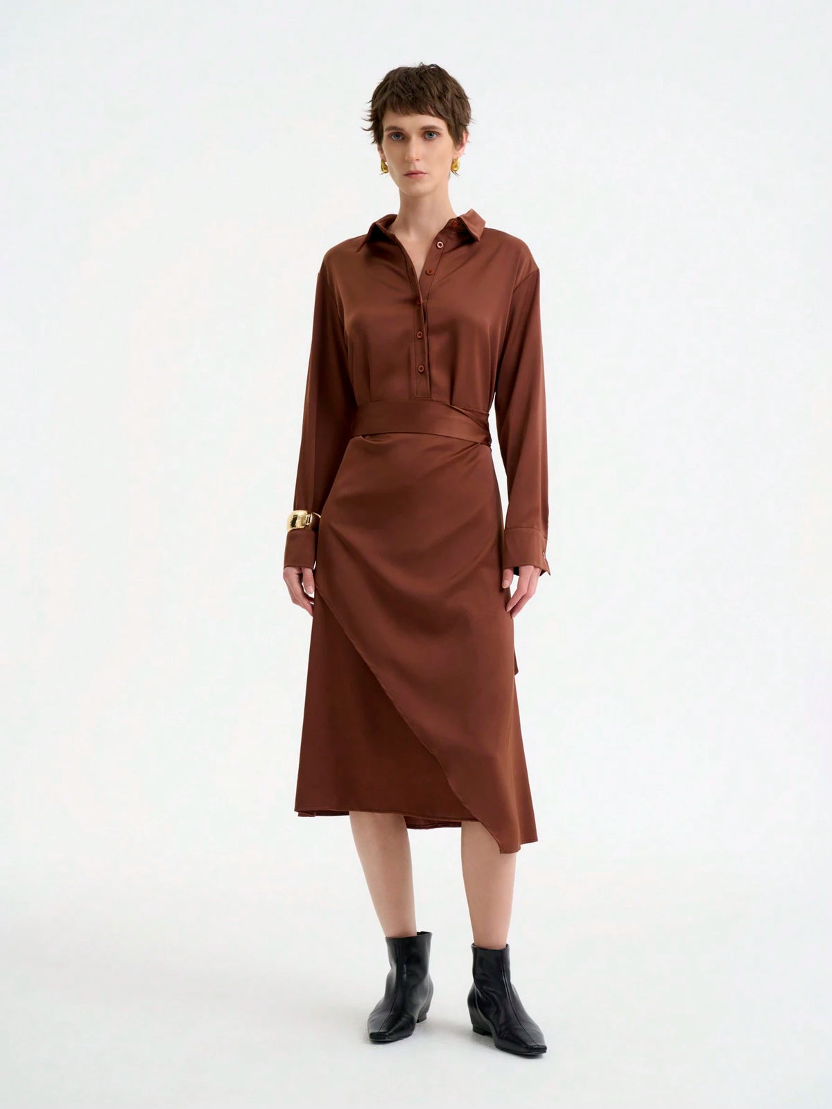 Women's Elegant Fashion Commute Casual Comfortable Long Sleeve Turndown Collar Tie Waist Solid