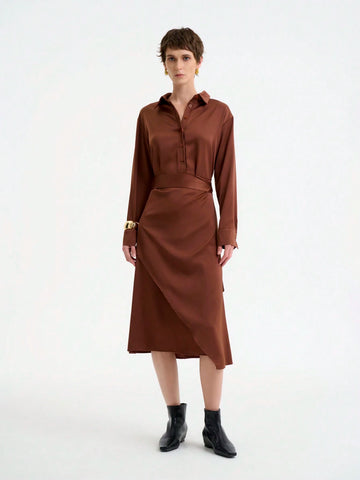 Women's Elegant Fashion Commute Casual Comfortable Long Sleeve Turndown Collar Tie Waist Solid